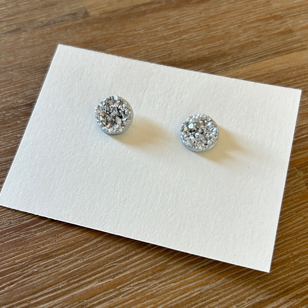Silver Glitter Druzy Round Stud Earrings